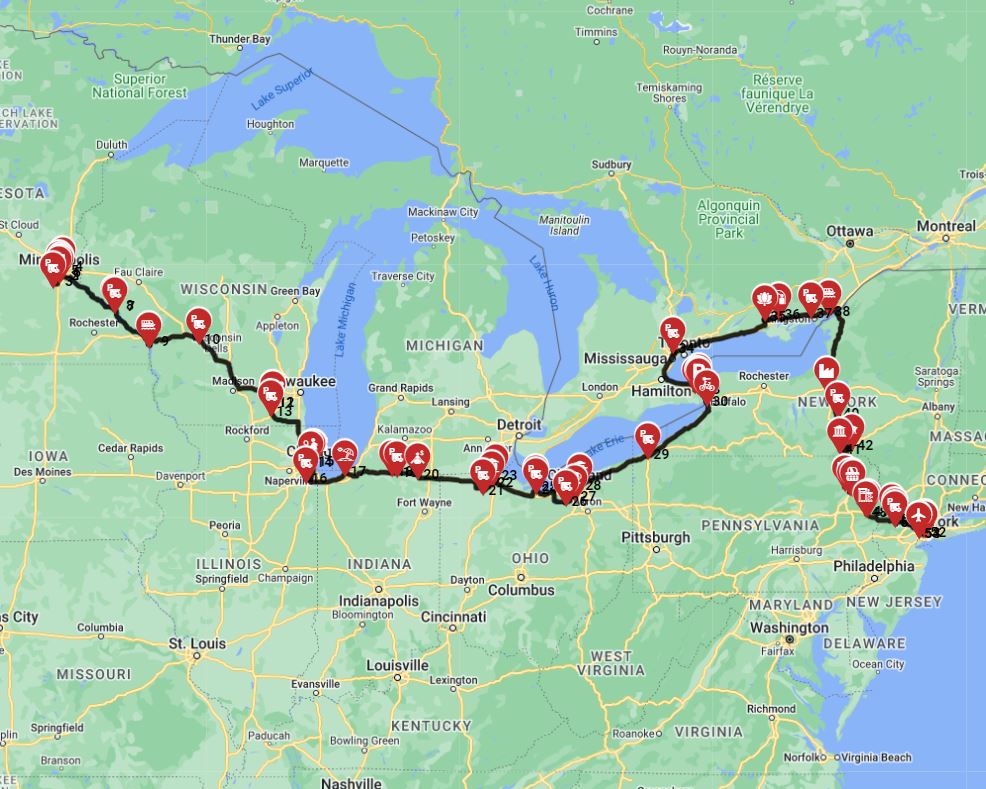 Motorhome route planner for an RV trip from Minneapolis to New York
